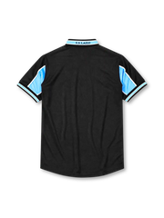 Lazio 1998-99 away jersey, front view, black body with sky blue chest and sleeve panel, striped V-neck collar, Puma logo, club eagle crest, CIRIO sponsor logo, striped cuffs