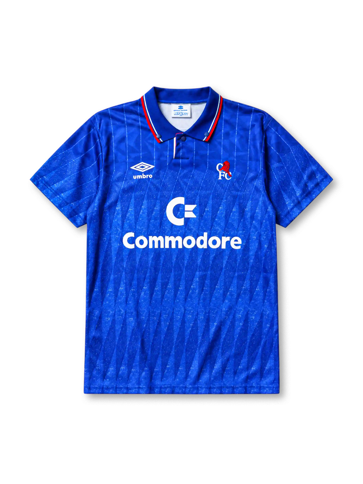 Chelsea 1989-91 home jersey, front view, royal blue body with diagonal jacquard texture, striped point collar, two-button placket, Umbro diamond logo, club lion crest, Commodore sponsor logo