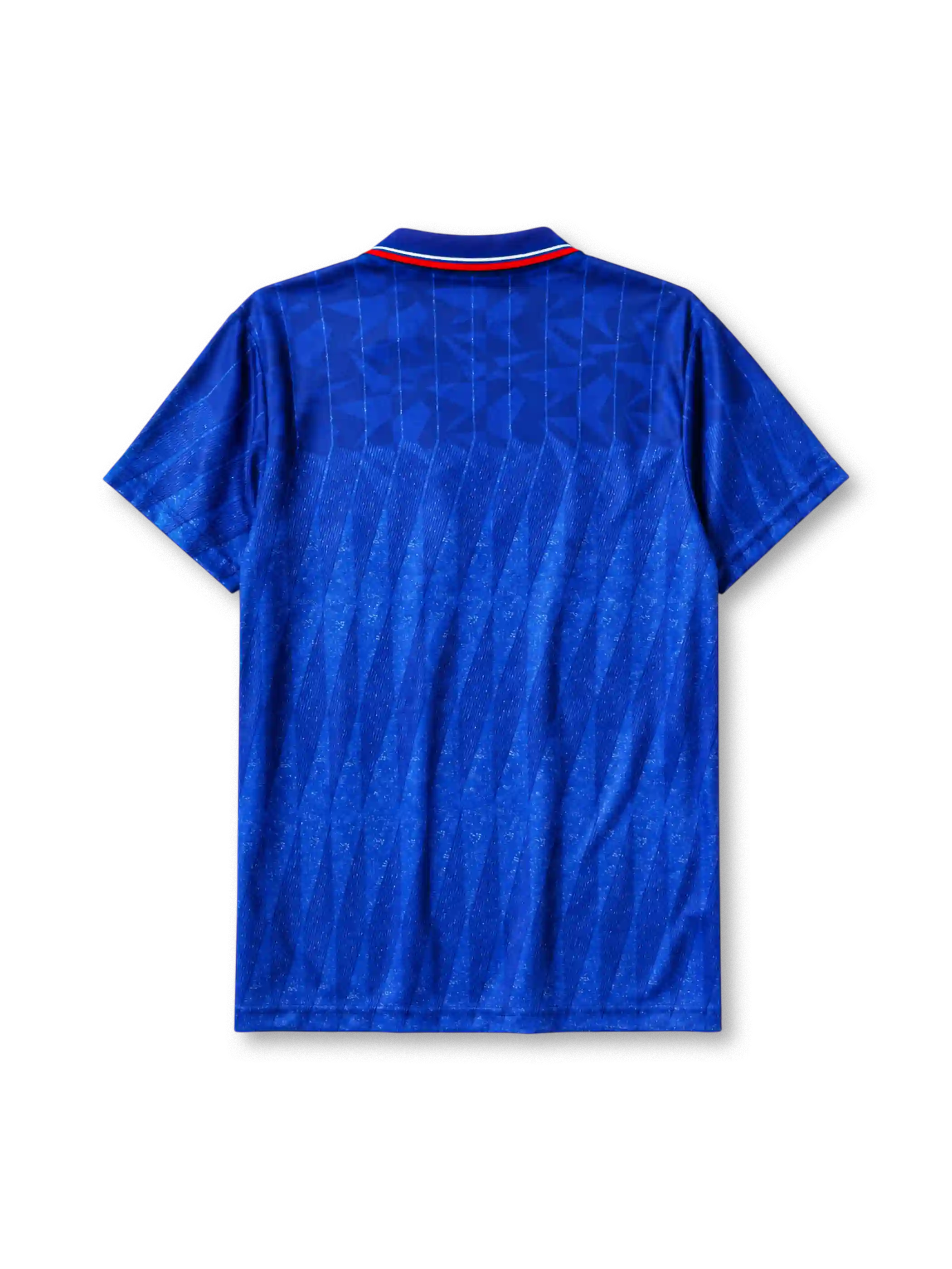 Chelsea 1989-91 home jersey, front view, royal blue body with diagonal jacquard texture, striped point collar, two-button placket, Umbro diamond logo, club lion crest, Commodore sponsor logo