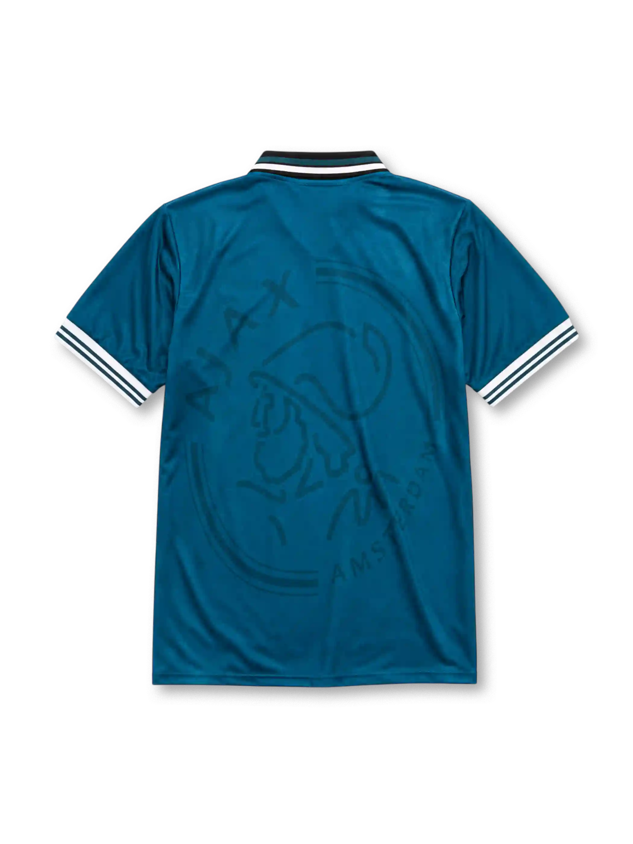 Ajax 1995-96 away jersey, front view, teal body with tonal crest pattern, black point collar with white and teal stripes, Umbro diamond logo, club crest with Amsterdam text, vertical ABN AMRO sponsor lettering, striped cuffs