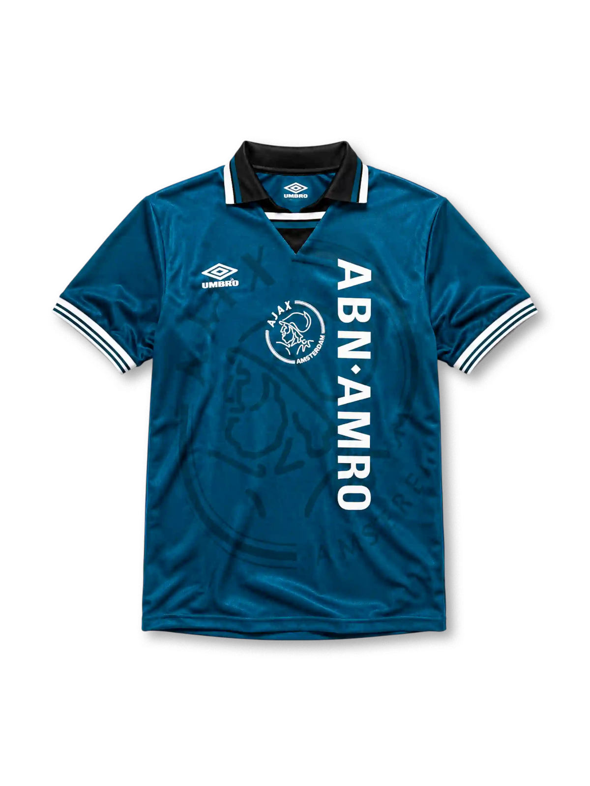 Ajax 1995-96 away jersey, front view, teal body with tonal crest pattern, black point collar with white and teal stripes, Umbro diamond logo, club crest with Amsterdam text, vertical ABN AMRO sponsor lettering, striped cuffs