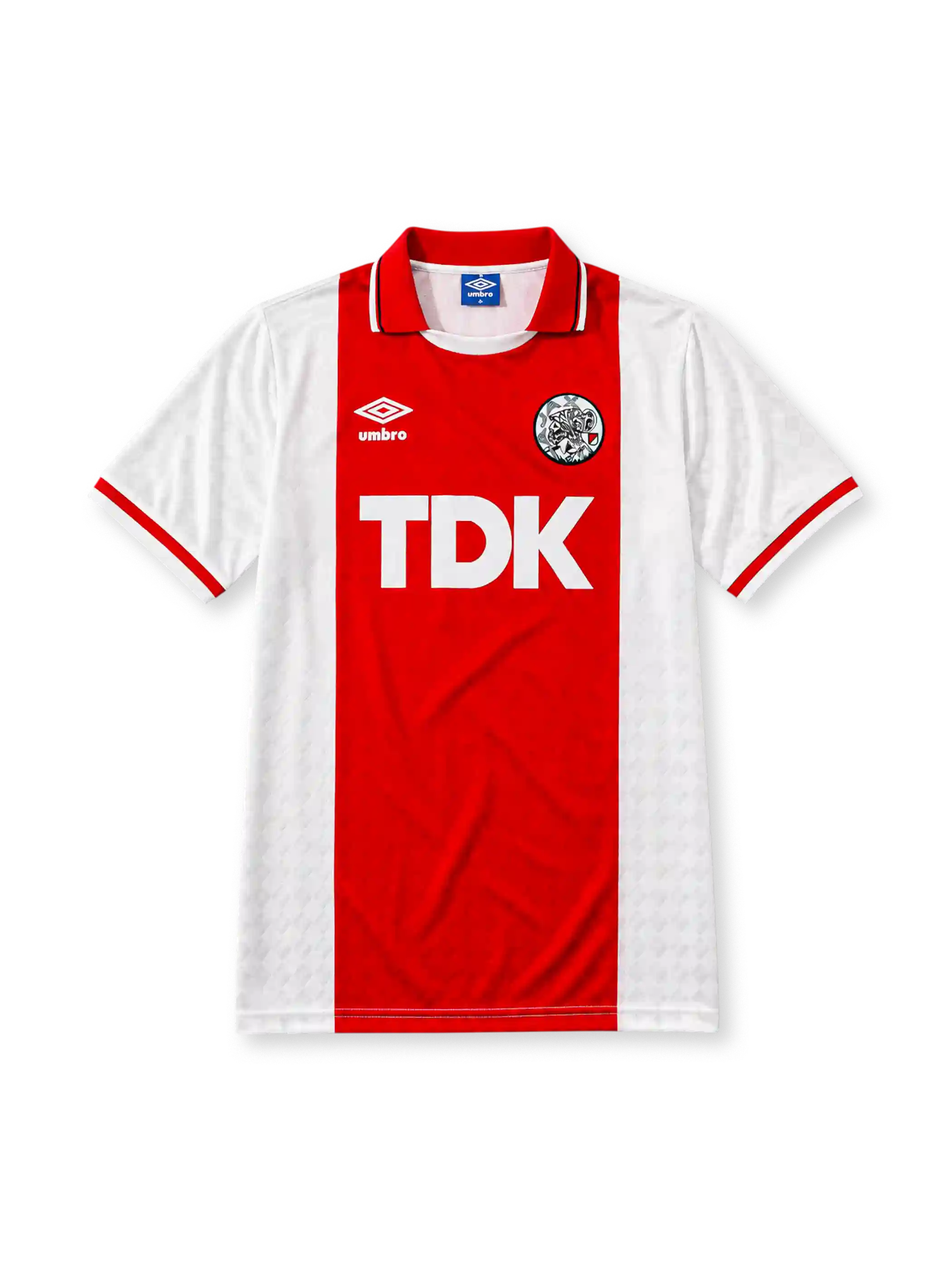 Ajax 1989-90 home jersey, front view, white body with central red stripe, red point collar with white and black trim, Umbro diamond logo, club crest, TDK sponsor logo, striped cuffs