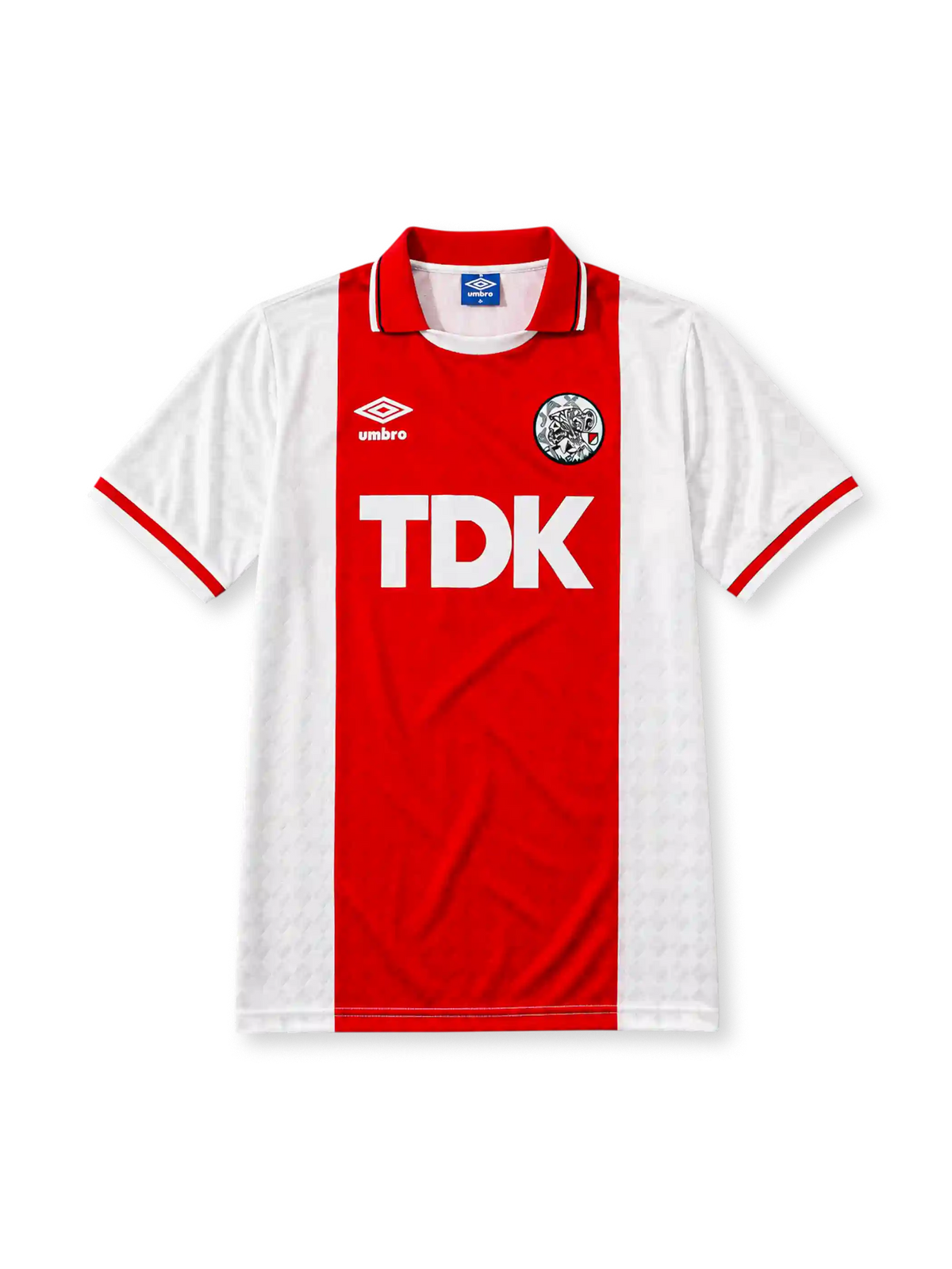 Ajax 1989-90 home jersey, front view, white body with central red stripe, red point collar with white and black trim, Umbro diamond logo, club crest, TDK sponsor logo, striped cuffs