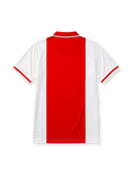 Ajax 1989-90 home jersey, front view, white body with central red stripe, red point collar with white and black trim, Umbro diamond logo, club crest, TDK sponsor logo, striped cuffs