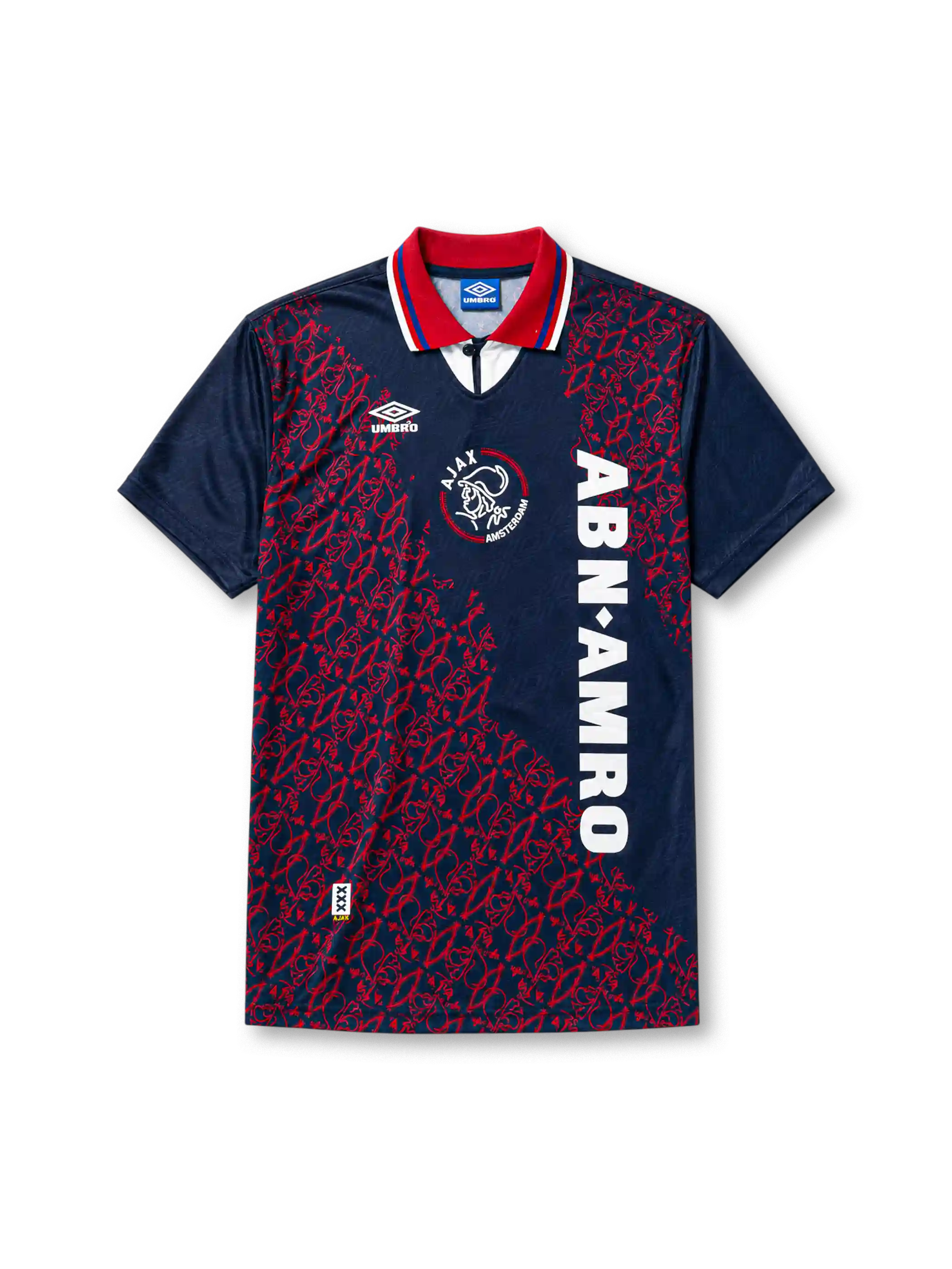 Ajax 1994-95 away jersey, front view, navy body with red baroque pattern, red point collar with white and blue stripes, Umbro diamond logo, club crest with Amsterdam text, vertical ABN AMRO sponsor lettering, commemorative Amsterdam tab