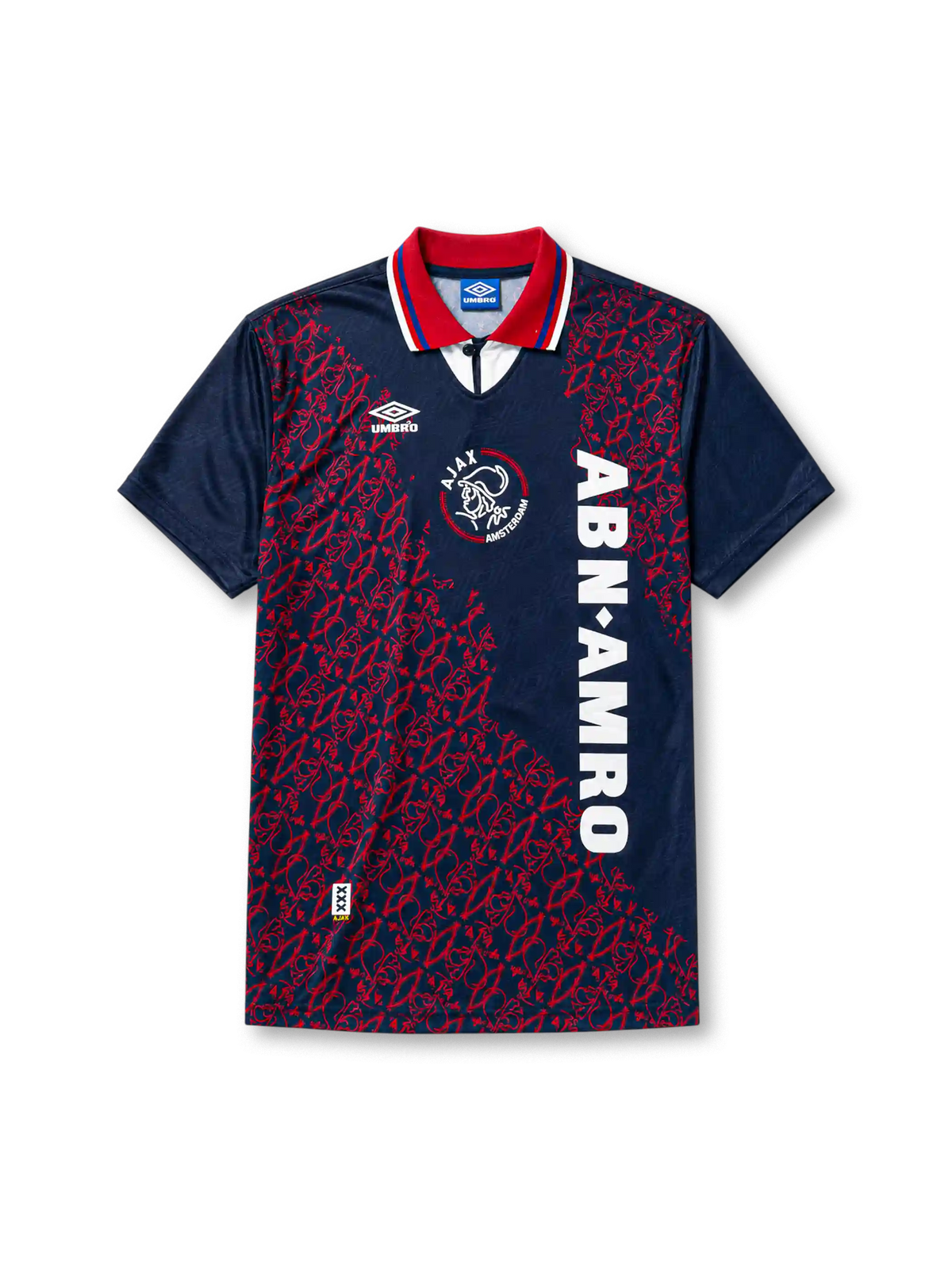 Ajax 1994-95 away jersey, front view, navy body with red baroque pattern, red point collar with white and blue stripes, Umbro diamond logo, club crest with Amsterdam text, vertical ABN AMRO sponsor lettering, commemorative Amsterdam tab