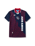 Ajax 1994-95 away jersey, front view, navy body with red baroque pattern, red point collar with white and blue stripes, Umbro diamond logo, club crest with Amsterdam text, vertical ABN AMRO sponsor lettering, commemorative Amsterdam tab