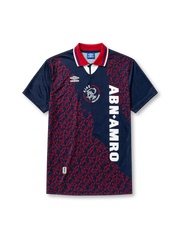 Ajax 1994-95 away jersey, front view, navy body with red baroque pattern, red point collar with white and blue stripes, Umbro diamond logo, club crest with Amsterdam text, vertical ABN AMRO sponsor lettering, commemorative Amsterdam tab