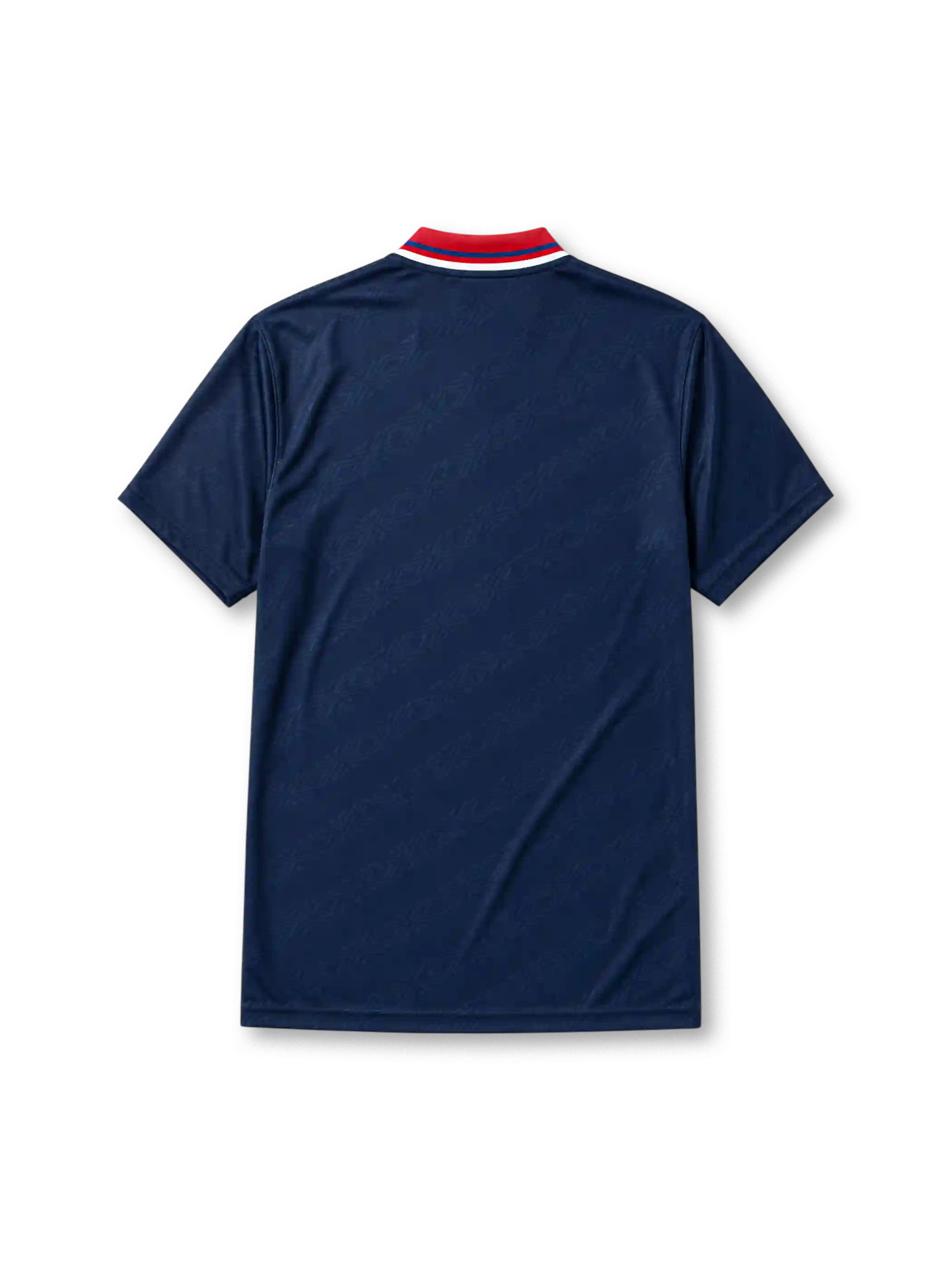 Ajax 1994-95 away jersey, front view, navy body with red baroque pattern, red point collar with white and blue stripes, Umbro diamond logo, club crest with Amsterdam text, vertical ABN AMRO sponsor lettering, commemorative Amsterdam tab