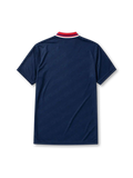 Ajax 1994-95 away jersey, front view, navy body with red baroque pattern, red point collar with white and blue stripes, Umbro diamond logo, club crest with Amsterdam text, vertical ABN AMRO sponsor lettering, commemorative Amsterdam tab