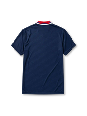 Ajax 1994-95 away jersey, front view, navy body with red baroque pattern, red point collar with white and blue stripes, Umbro diamond logo, club crest with Amsterdam text, vertical ABN AMRO sponsor lettering, commemorative Amsterdam tab