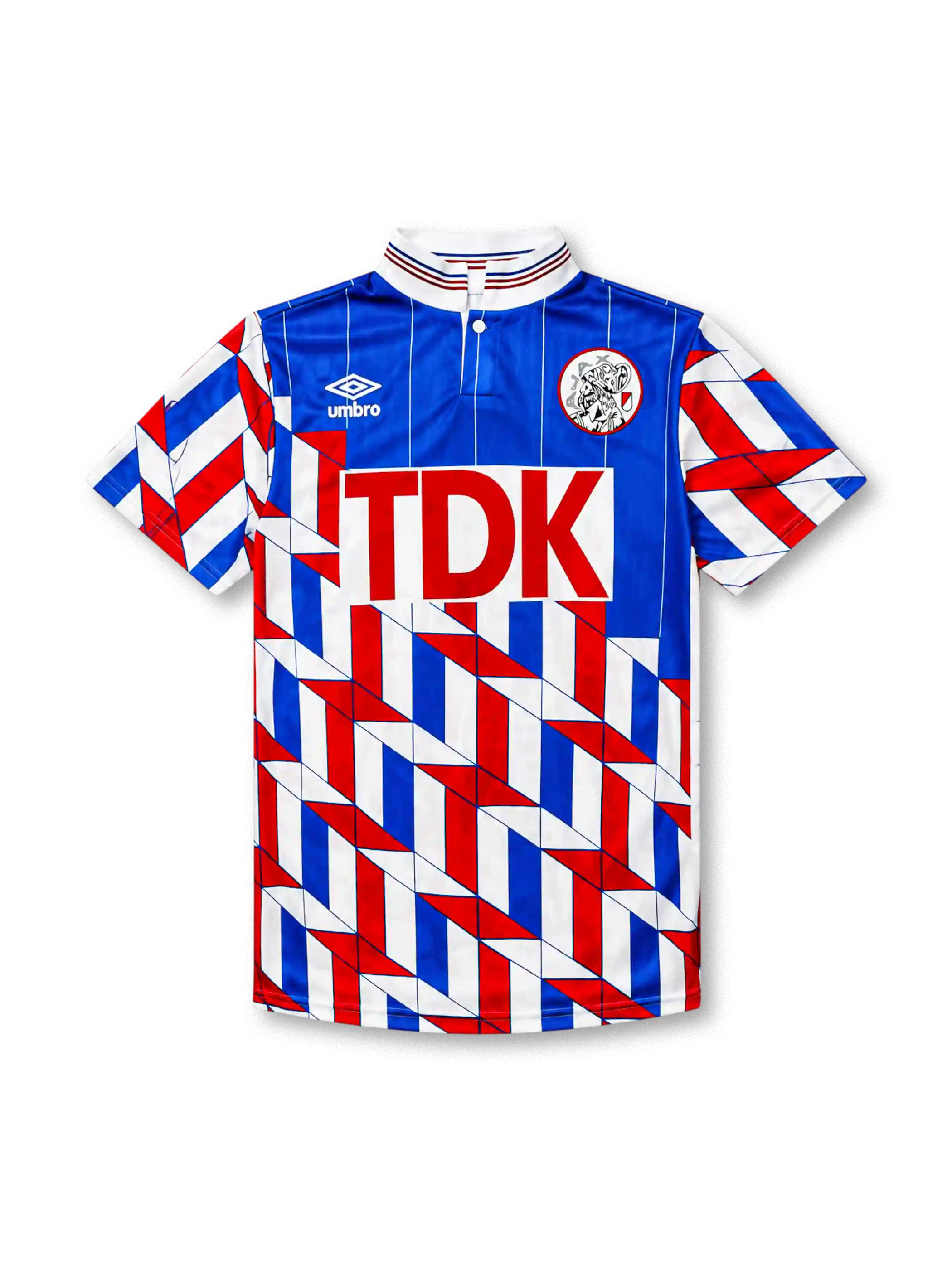 Ajax 1989-90 away jersey, front view, blue upper body with pinstripes, red white and blue geometric chevron pattern on lower body and sleeves, striped funnel collar, Umbro diamond logo, club crest, TDK sponsor logo