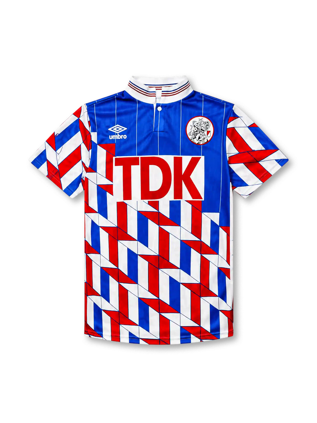 Ajax 1989-90 away jersey, front view, blue upper body with pinstripes, red white and blue geometric chevron pattern on lower body and sleeves, striped funnel collar, Umbro diamond logo, club crest, TDK sponsor logo