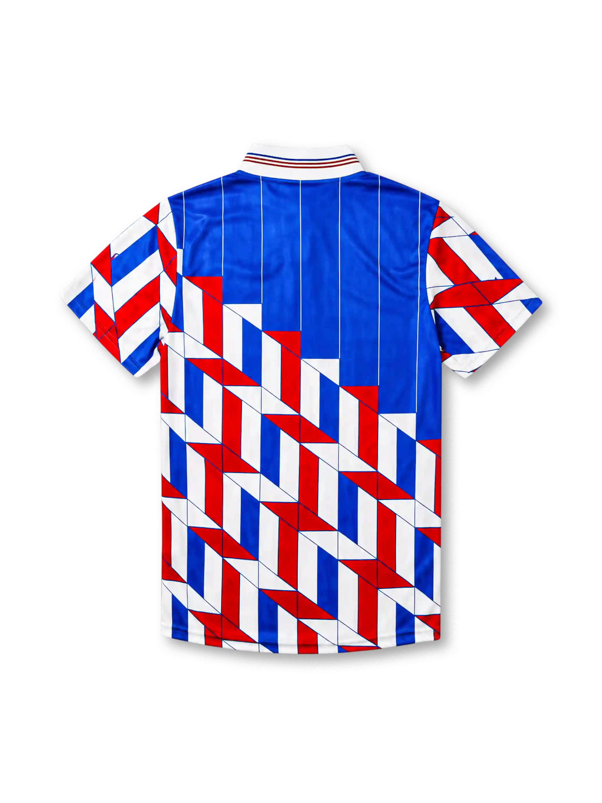 Ajax 1989-90 away jersey, front view, blue upper body with pinstripes, red white and blue geometric chevron pattern on lower body and sleeves, striped funnel collar, Umbro diamond logo, club crest, TDK sponsor logo