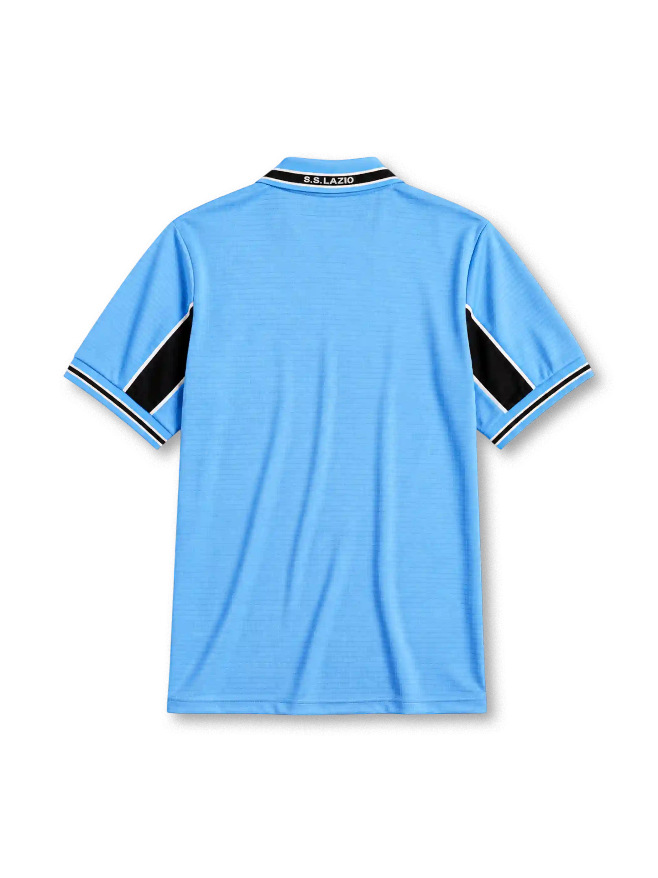 Lazio 1998-99 home jersey, front view, sky blue body with black chest and sleeve band, striped V-neck collar with S.S. Lazio text, Puma logo, club eagle crest, CIRIO sponsor logo, striped cuffs