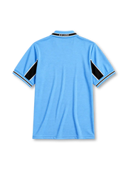 Lazio 1998-99 home jersey, front view, sky blue body with black chest and sleeve band, striped V-neck collar with S.S. Lazio text, Puma logo, club eagle crest, CIRIO sponsor logo, striped cuffs