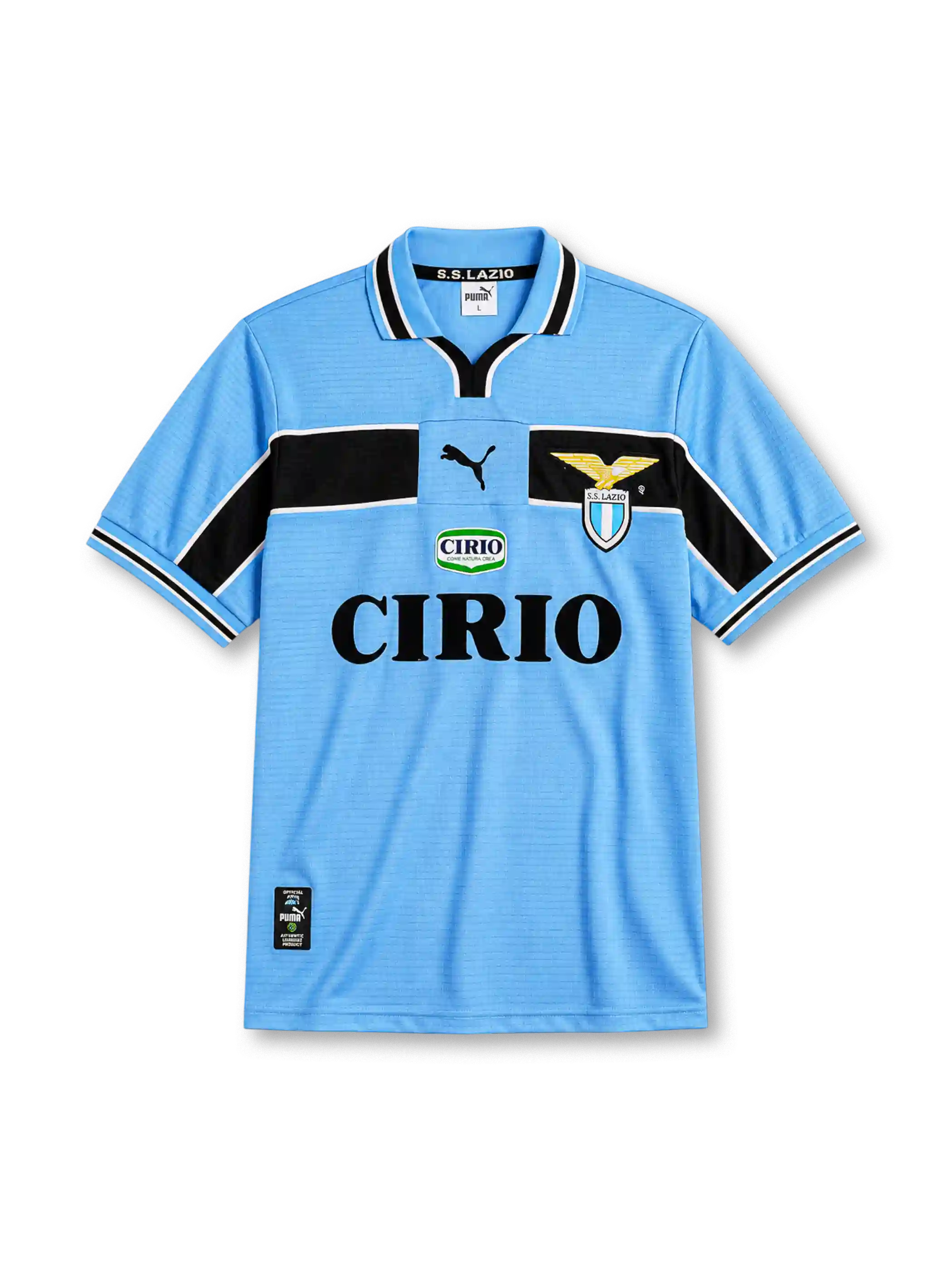 Lazio 1998-99 home jersey, front view, sky blue body with black chest and sleeve band, striped V-neck collar with S.S. Lazio text, Puma logo, club eagle crest, CIRIO sponsor logo, striped cuffs