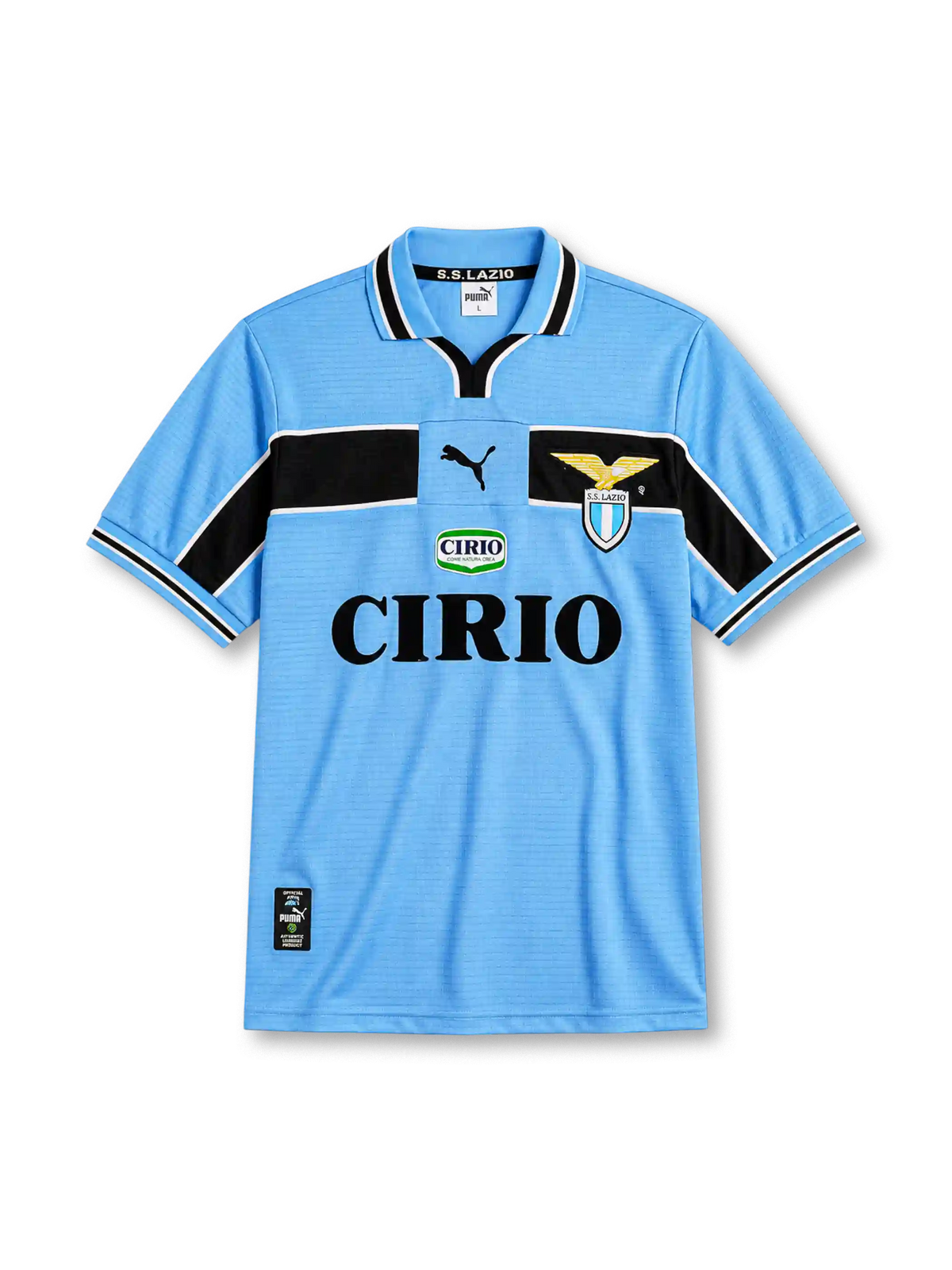 Lazio 1998-99 home jersey, front view, sky blue body with black chest and sleeve band, striped V-neck collar with S.S. Lazio text, Puma logo, club eagle crest, CIRIO sponsor logo, striped cuffs