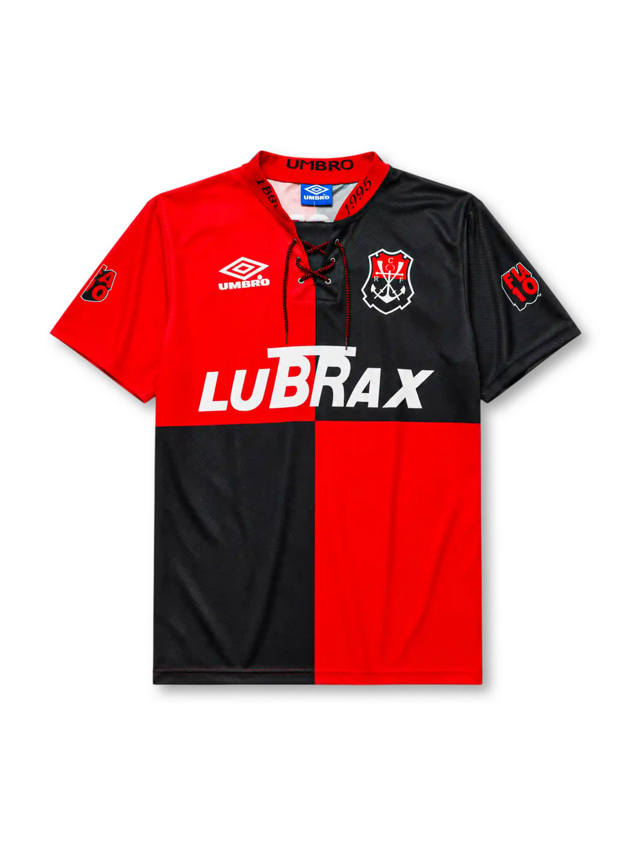 Flamengo 1994-95 centenary home jersey, front view, quartered red and black body, lace-up collar with 1895 and 1995 text, Umbro diamond logo, club anchor crest, LUBRAX sponsor logo, sleeve commemorative patches