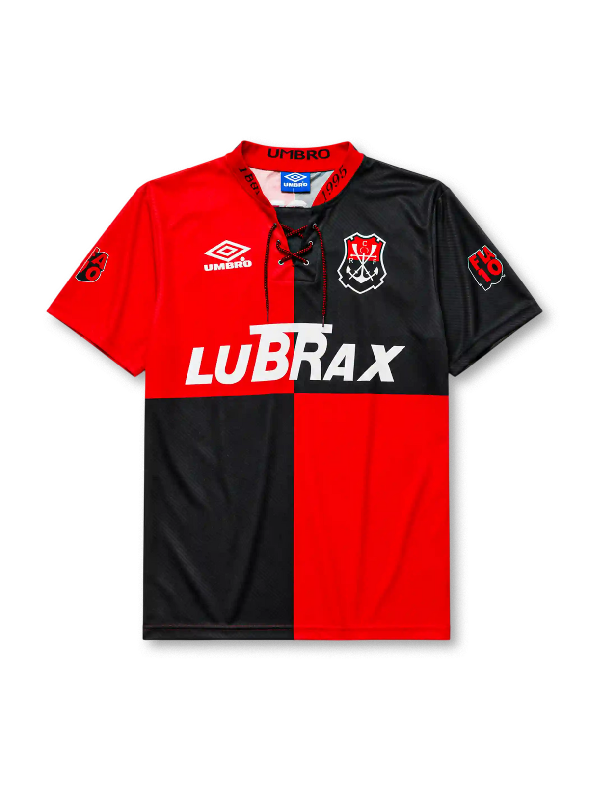Flamengo 1994-95 centenary home jersey, front view, quartered red and black body, lace-up collar with 1895 and 1995 text, Umbro diamond logo, club anchor crest, LUBRAX sponsor logo, sleeve commemorative patches