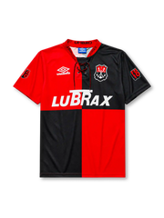 Flamengo 1994-95 centenary home jersey, front view, quartered red and black body, lace-up collar with 1895 and 1995 text, Umbro diamond logo, club anchor crest, LUBRAX sponsor logo, sleeve commemorative patches