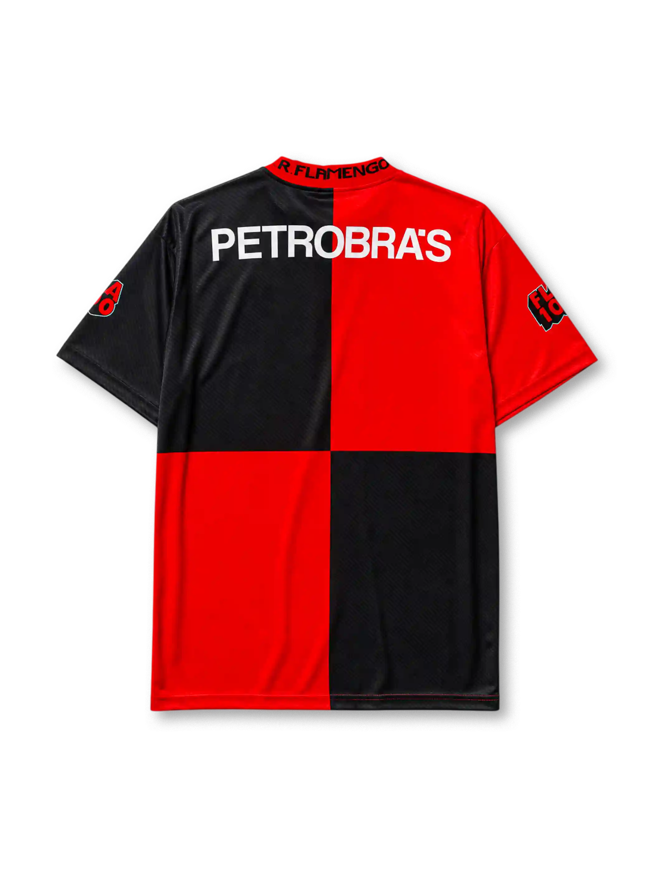 Flamengo 1994-95 centenary home jersey, front view, quartered red and black body, lace-up collar with 1895 and 1995 text, Umbro diamond logo, club anchor crest, LUBRAX sponsor logo, sleeve commemorative patches