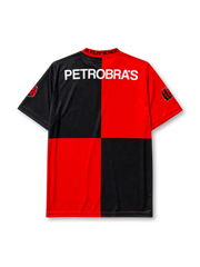 Flamengo 1994-95 centenary home jersey, front view, quartered red and black body, lace-up collar with 1895 and 1995 text, Umbro diamond logo, club anchor crest, LUBRAX sponsor logo, sleeve commemorative patches