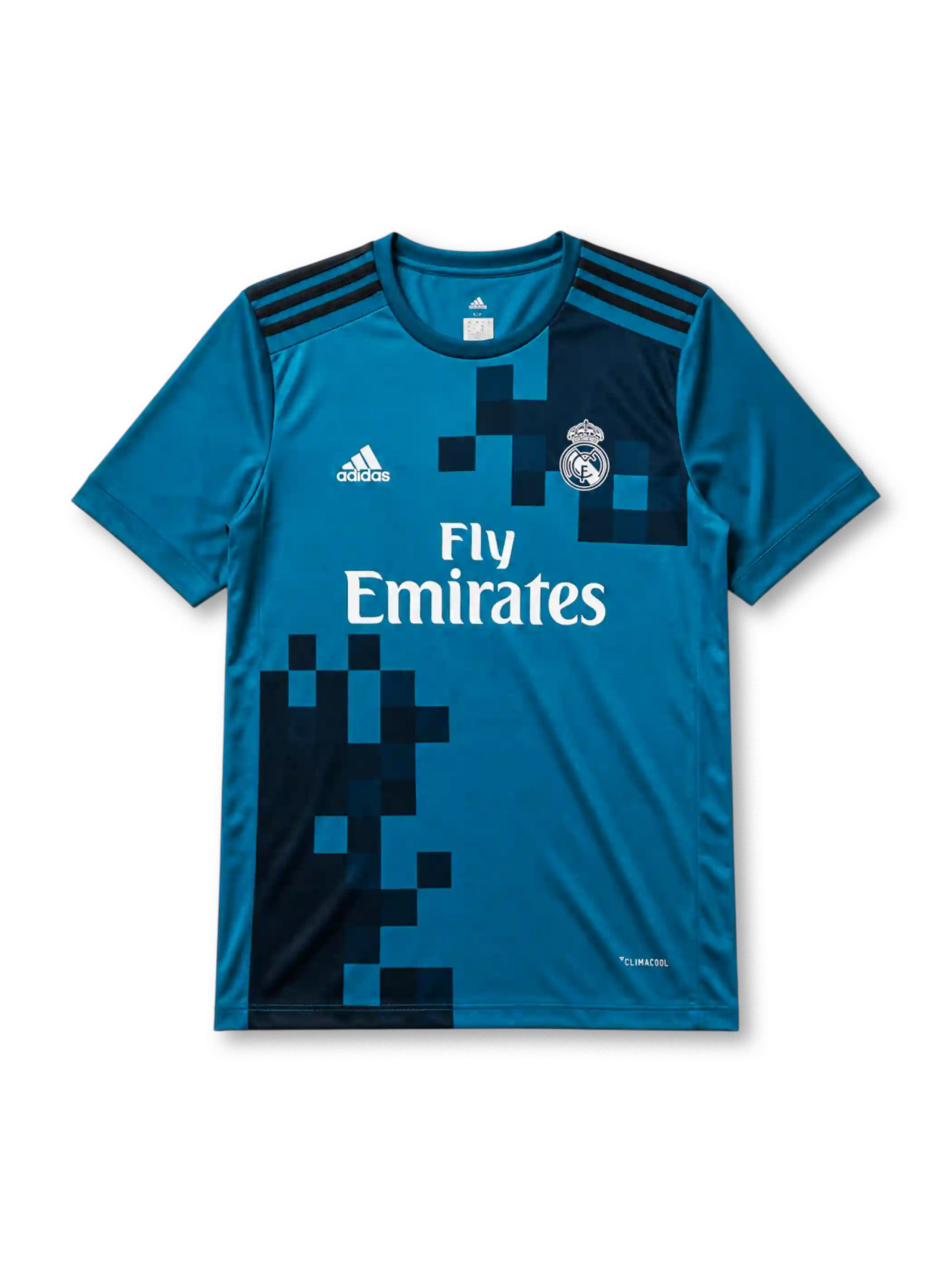 Real Madrid 2017-18 third jersey, front view, teal body with pixelated navy gradient pattern, adidas three-stripe shoulder detailing, crew neck collar, adidas logo, club crest, Fly Emirates sponsor logo, Climacool label