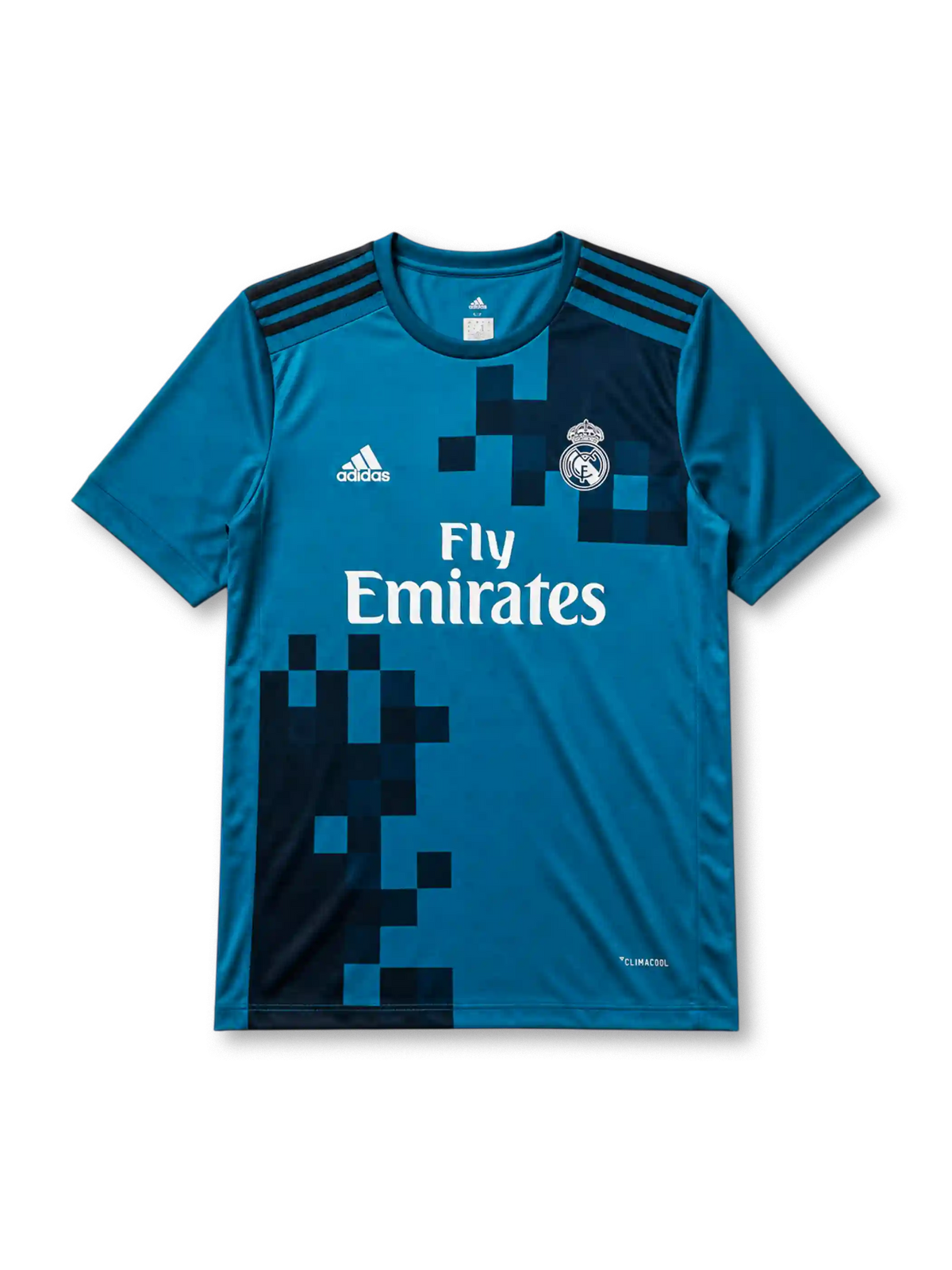 Real Madrid 2017-18 third jersey, front view, teal body with pixelated navy gradient pattern, adidas three-stripe shoulder detailing, crew neck collar, adidas logo, club crest, Fly Emirates sponsor logo, Climacool label