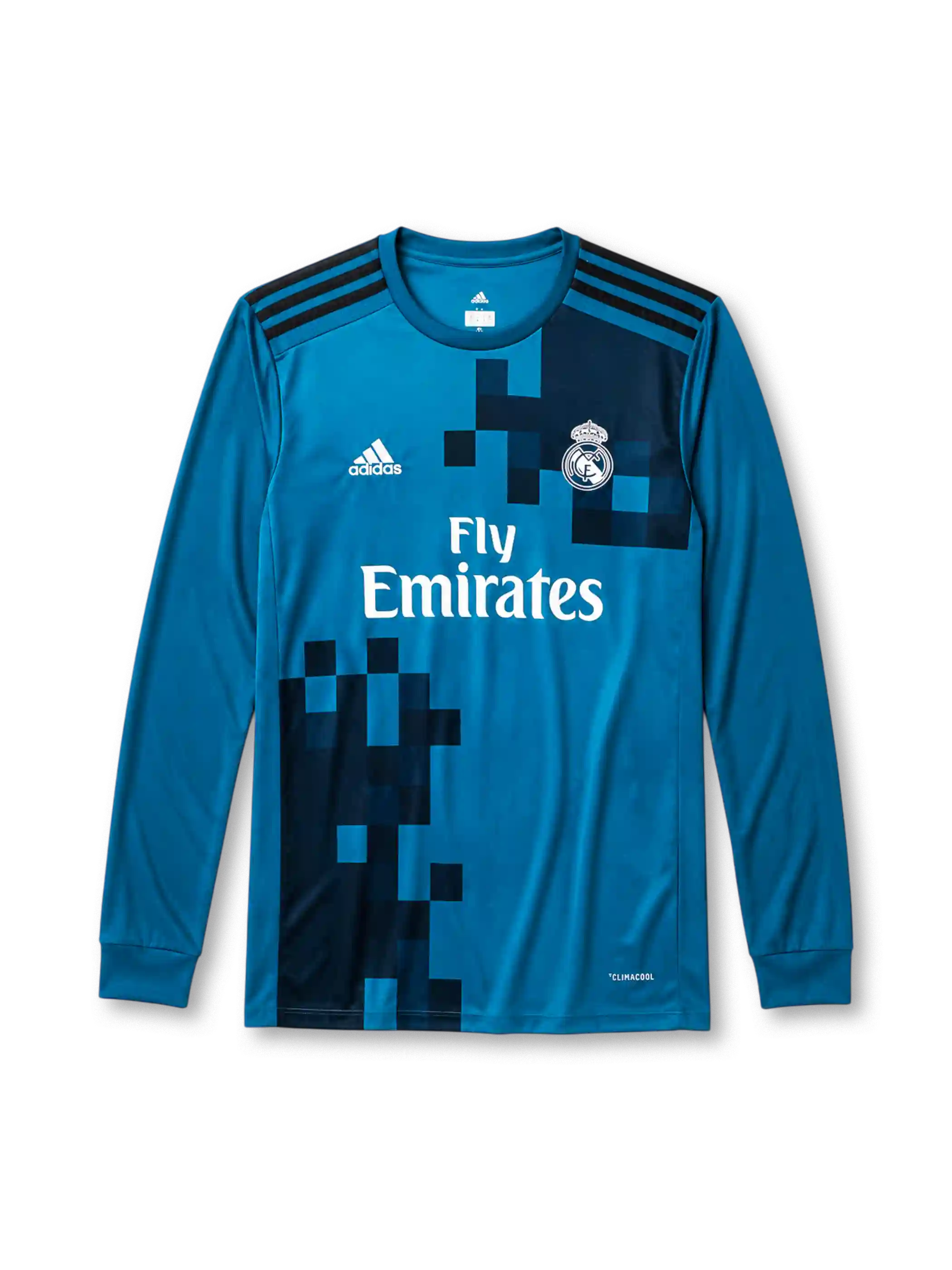 Real Madrid 2017-18 long sleeve third jersey, front view, teal body with pixelated navy gradient pattern, adidas three-stripe long sleeve detailing, crew neck collar, adidas logo, club crest, Fly Emirates sponsor logo, Climacool label
