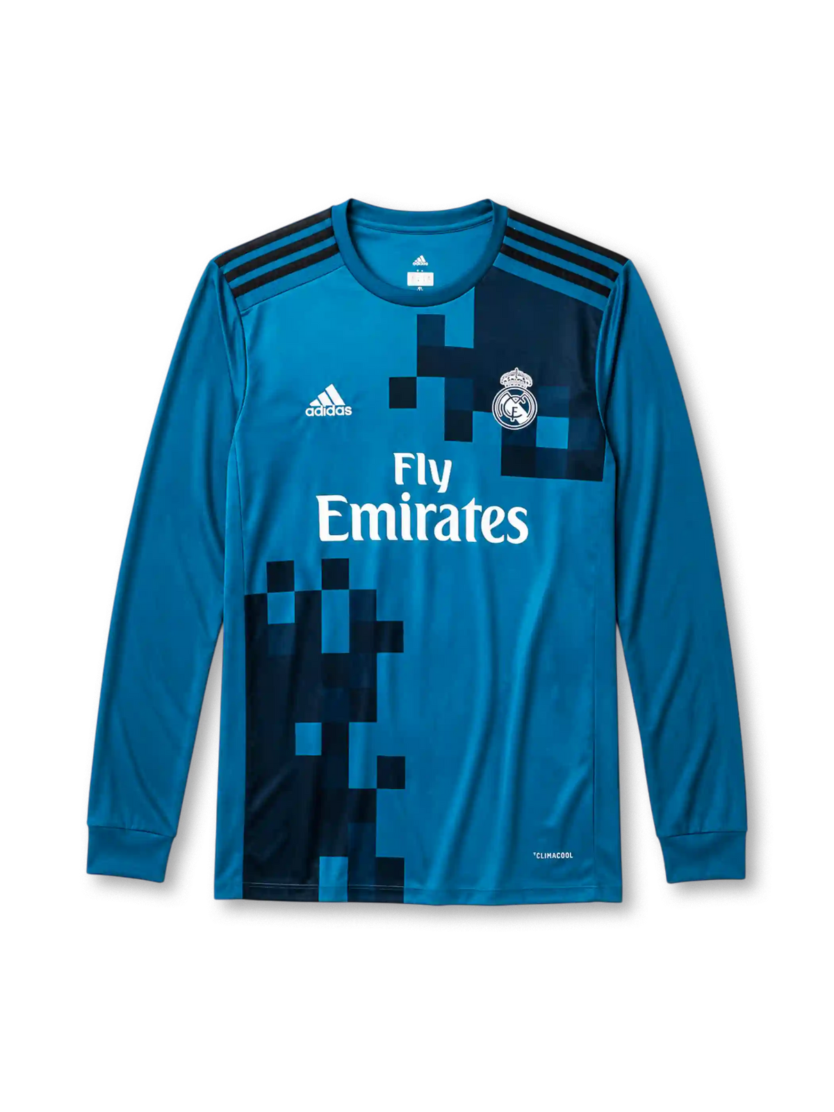 Real Madrid 2017-18 long sleeve third jersey, front view, teal body with pixelated navy gradient pattern, adidas three-stripe long sleeve detailing, crew neck collar, adidas logo, club crest, Fly Emirates sponsor logo, Climacool label