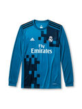 Real Madrid 2017-18 long sleeve third jersey, front view, teal body with pixelated navy gradient pattern, adidas three-stripe long sleeve detailing, crew neck collar, adidas logo, club crest, Fly Emirates sponsor logo, Climacool label