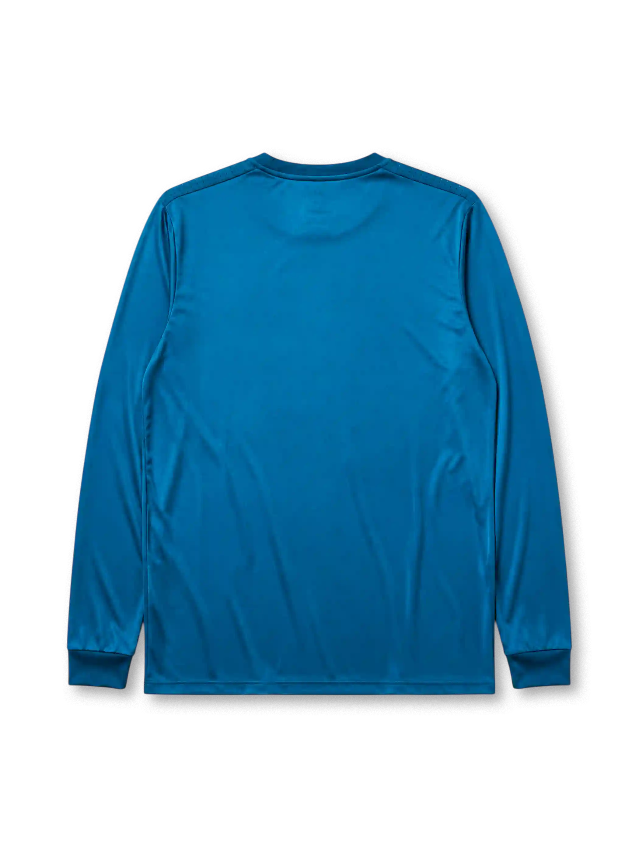 Real Madrid 2017-18 long sleeve third jersey, front view, teal body with pixelated navy gradient pattern, adidas three-stripe long sleeve detailing, crew neck collar, adidas logo, club crest, Fly Emirates sponsor logo, Climacool label