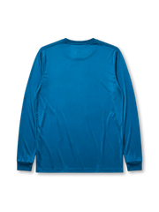 Real Madrid 2017-18 long sleeve third jersey, front view, teal body with pixelated navy gradient pattern, adidas three-stripe long sleeve detailing, crew neck collar, adidas logo, club crest, Fly Emirates sponsor logo, Climacool label