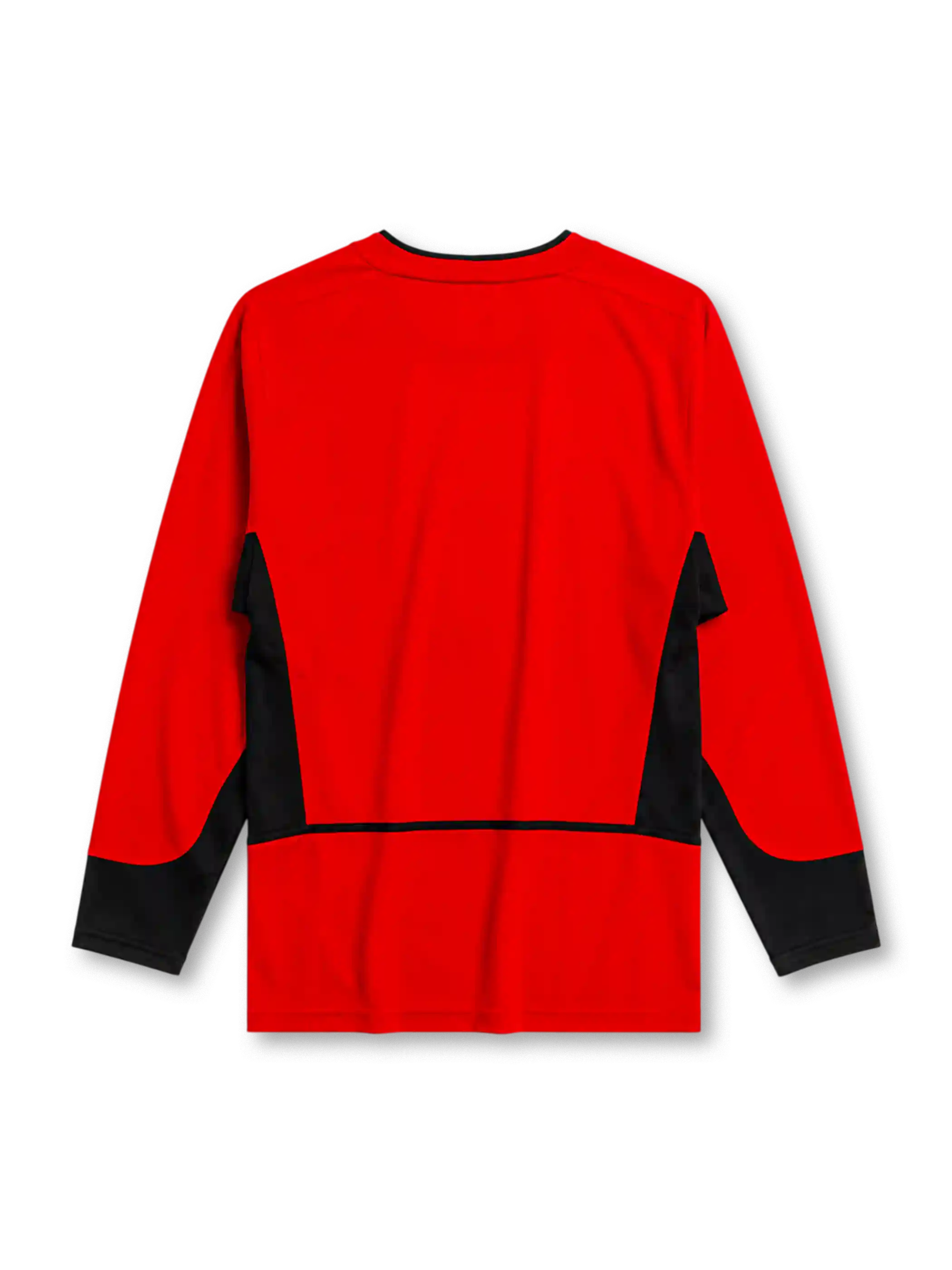 Manchester United 2002-04 home long sleeve jersey, front view, red body with black angular shoulder and side panels, black crew neck collar, black forearm panels, Nike swoosh logo, club crest, Vodafone sponsor logo