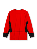 Manchester United 2002-04 home long sleeve jersey, front view, red body with black angular shoulder and side panels, black crew neck collar, black forearm panels, Nike swoosh logo, club crest, Vodafone sponsor logo