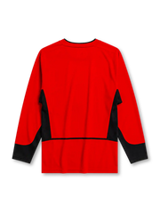 Manchester United 2002-04 home long sleeve jersey, front view, red body with black angular shoulder and side panels, black crew neck collar, black forearm panels, Nike swoosh logo, club crest, Vodafone sponsor logo
