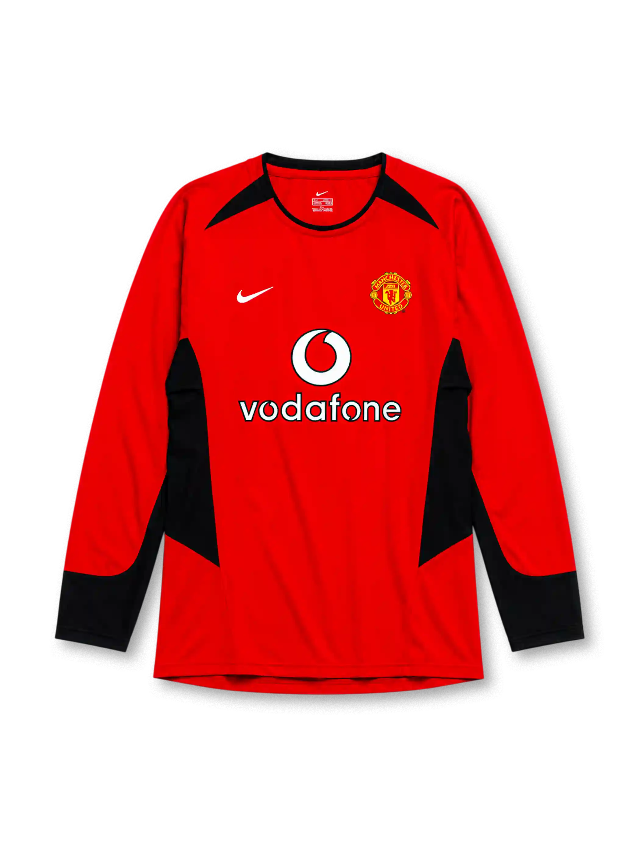 Manchester United 2002-04 home long sleeve jersey, front view, red body with black angular shoulder and side panels, black crew neck collar, black forearm panels, Nike swoosh logo, club crest, Vodafone sponsor logo