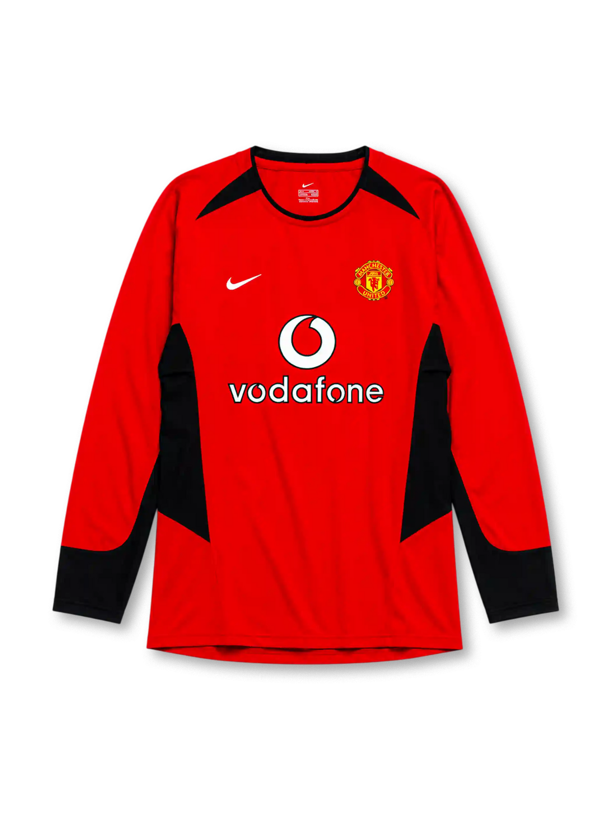 Manchester United 2002-04 home long sleeve jersey, front view, red body with black angular shoulder and side panels, black crew neck collar, black forearm panels, Nike swoosh logo, club crest, Vodafone sponsor logo