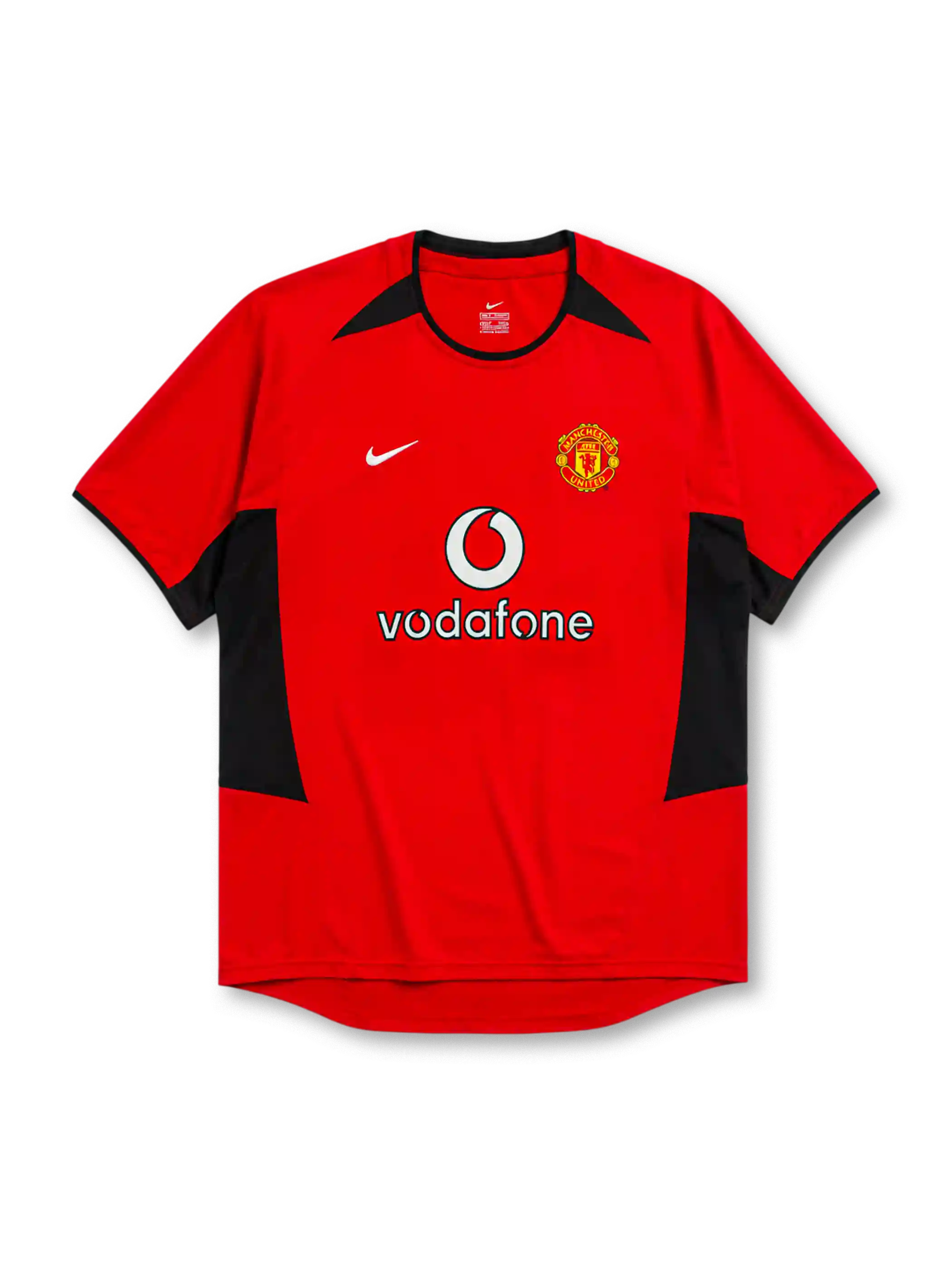 Manchester United 2002-04 home jersey, front view, red body with black angular shoulder and side panels, black crew neck collar, black sleeve trim, Nike swoosh logo, club crest, Vodafone sponsor logo