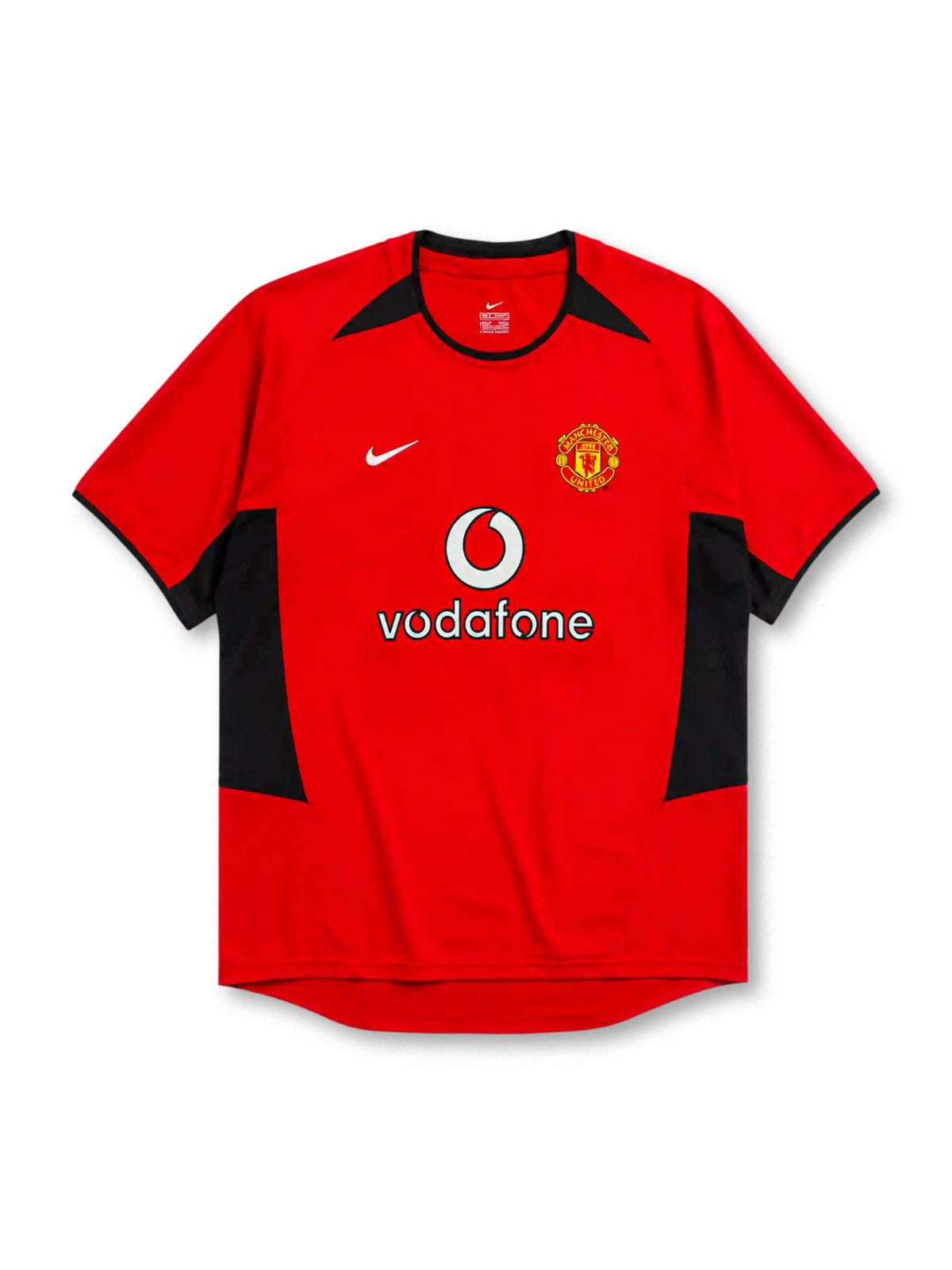 Manchester United 2002-04 home jersey, front view, red body with black angular shoulder and side panels, black crew neck collar, black sleeve trim, Nike swoosh logo, club crest, Vodafone sponsor logo