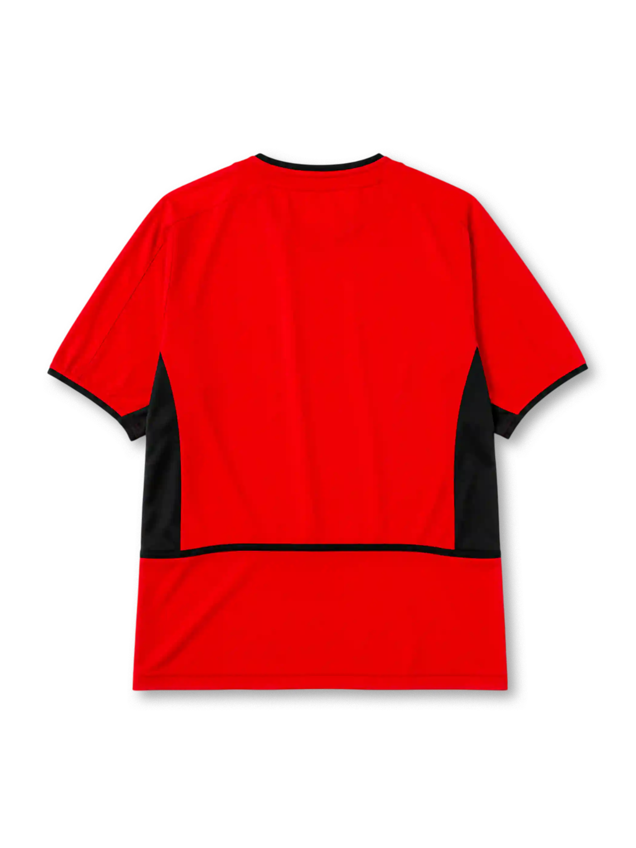 Manchester United 2002-04 home jersey, front view, red body with black angular shoulder and side panels, black crew neck collar, black sleeve trim, Nike swoosh logo, club crest, Vodafone sponsor logo