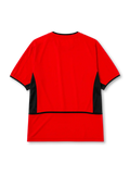 Manchester United 2002-04 home jersey, front view, red body with black angular shoulder and side panels, black crew neck collar, black sleeve trim, Nike swoosh logo, club crest, Vodafone sponsor logo