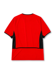 Manchester United 2002-04 home jersey, front view, red body with black angular shoulder and side panels, black crew neck collar, black sleeve trim, Nike swoosh logo, club crest, Vodafone sponsor logo