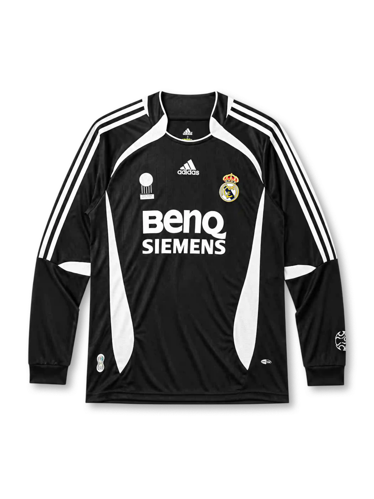 Real Madrid 2006-07 long sleeve third jersey, front view, black body with white side panels, adidas three-stripe long sleeve detailing, FIFA Fair Play emblem, adidas logo, club crest, BenQ Siemens sponsor logo, ribbed cuffs