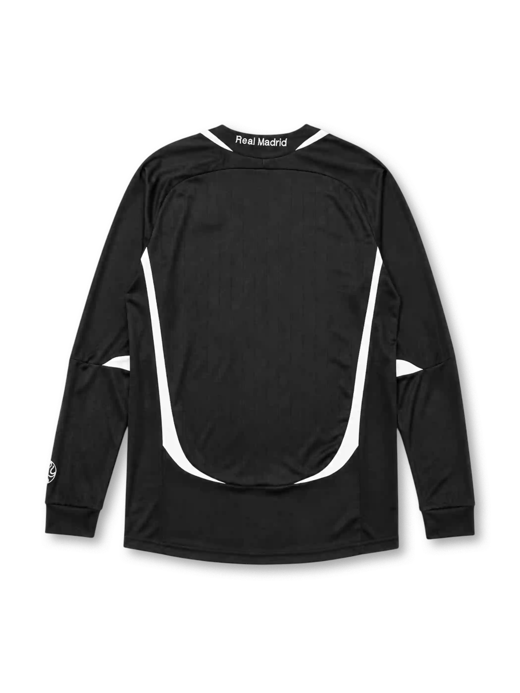 Real Madrid 2006-07 long sleeve third jersey, front view, black body with white side panels, adidas three-stripe long sleeve detailing, FIFA Fair Play emblem, adidas logo, club crest, BenQ Siemens sponsor logo, ribbed cuffs