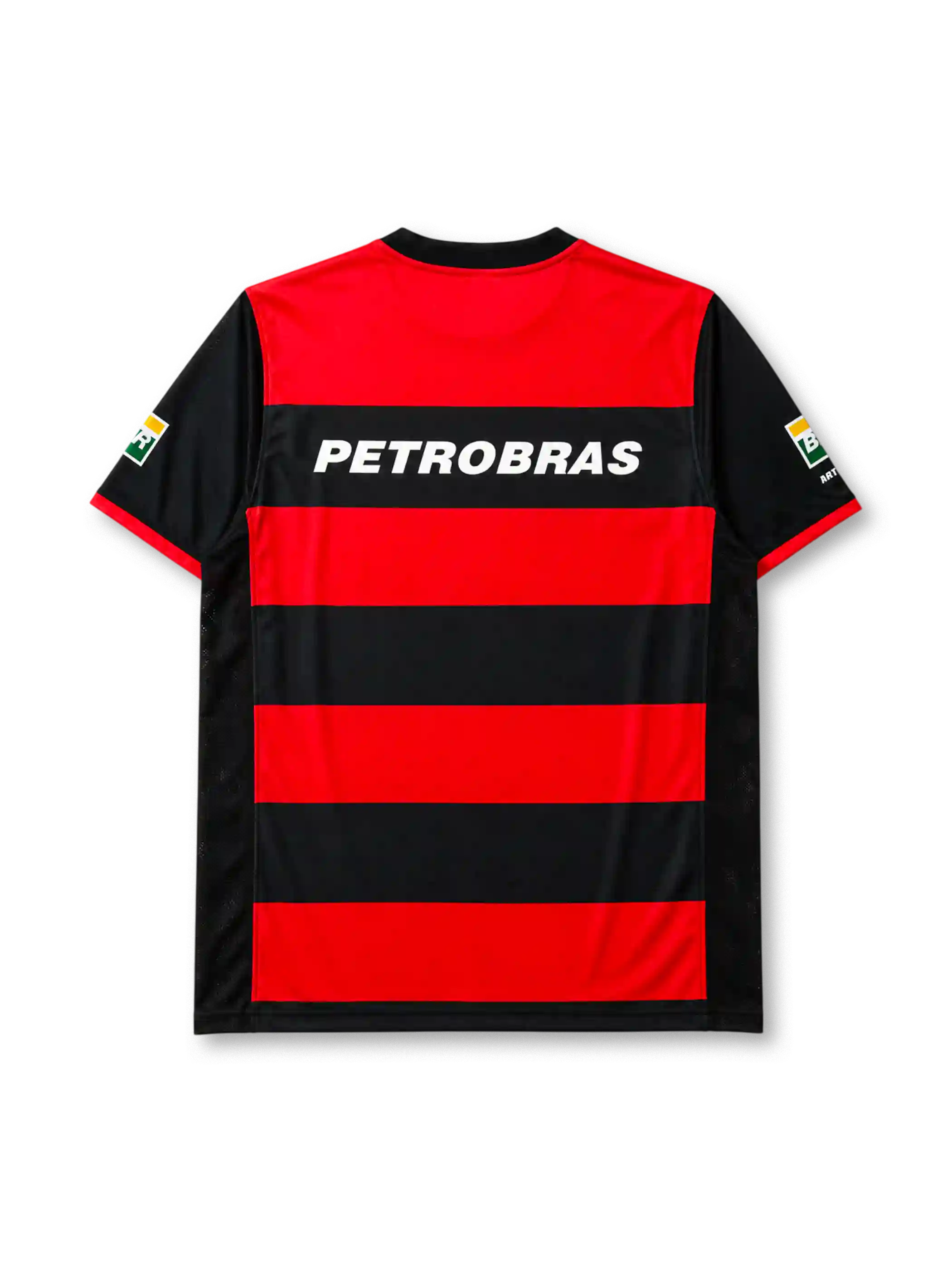 Flamengo 2000-01 home jersey, front view, red and black hoops, black crew neck collar, three championship stars, Nike swoosh logo, club crest, LUBRAX sponsor logo, Petrobras BR sleeve patches