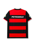 Flamengo 2000-01 home jersey, front view, red and black hoops, black crew neck collar, three championship stars, Nike swoosh logo, club crest, LUBRAX sponsor logo, Petrobras BR sleeve patches