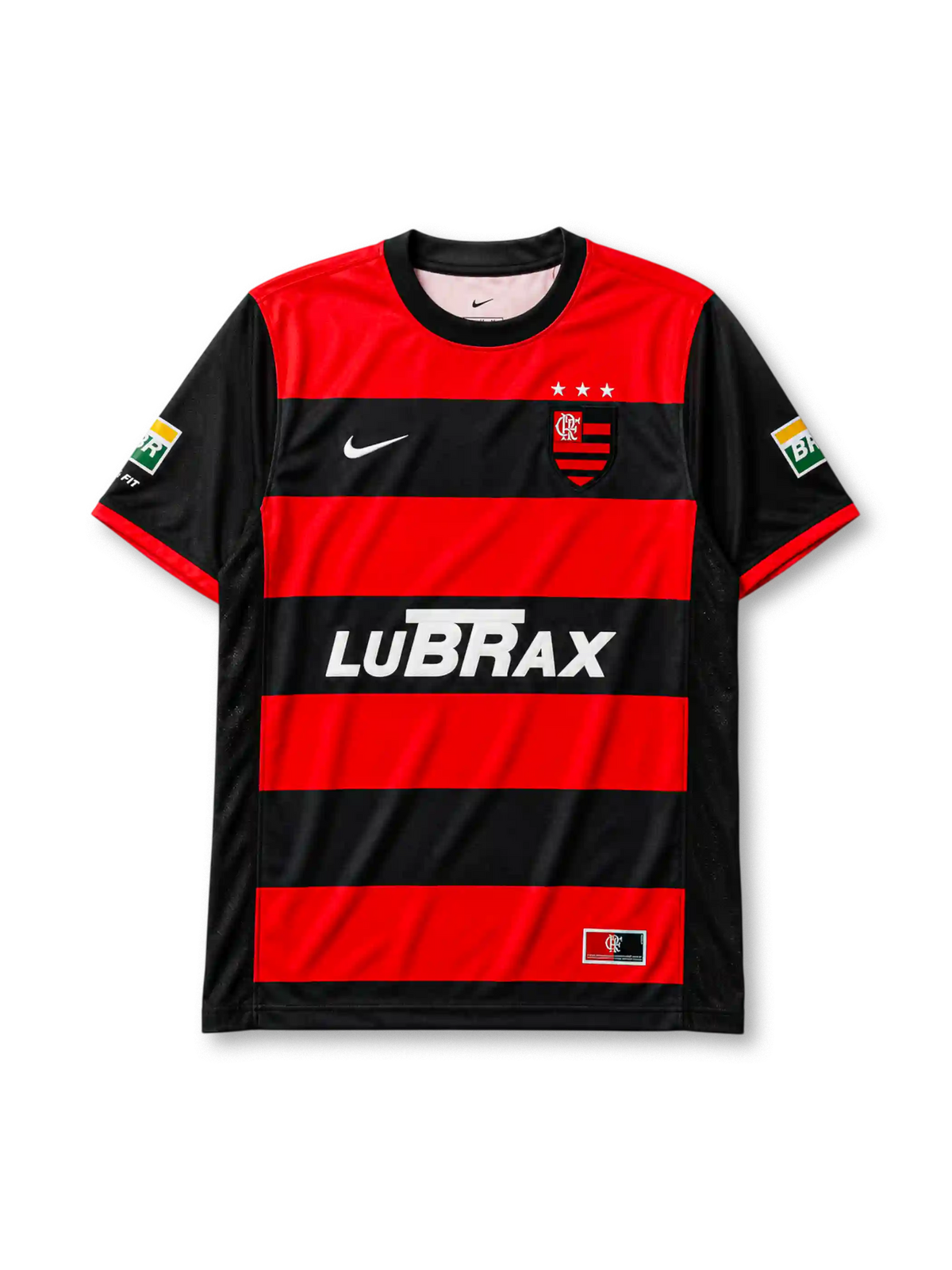 Flamengo 2000-01 home jersey, front view, red and black hoops, black crew neck collar, three championship stars, Nike swoosh logo, club crest, LUBRAX sponsor logo, Petrobras BR sleeve patches