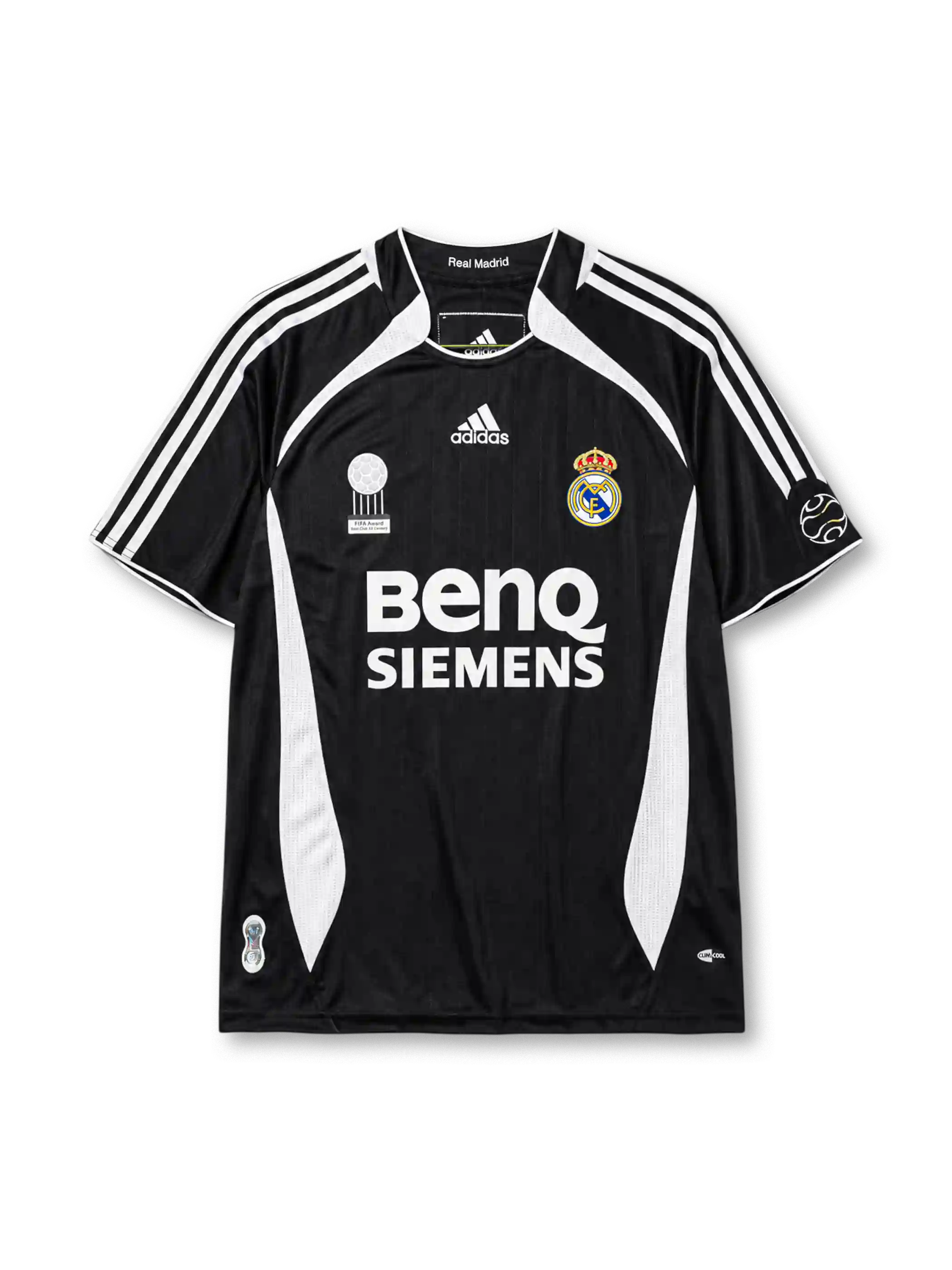 Real Madrid 2006-07 third jersey, front view, black body with white side panels, adidas three-stripe shoulder detailing, FIFA Best Club of the Century emblem, adidas logo, club crest, BenQ Siemens sponsor logo, sleeve patch